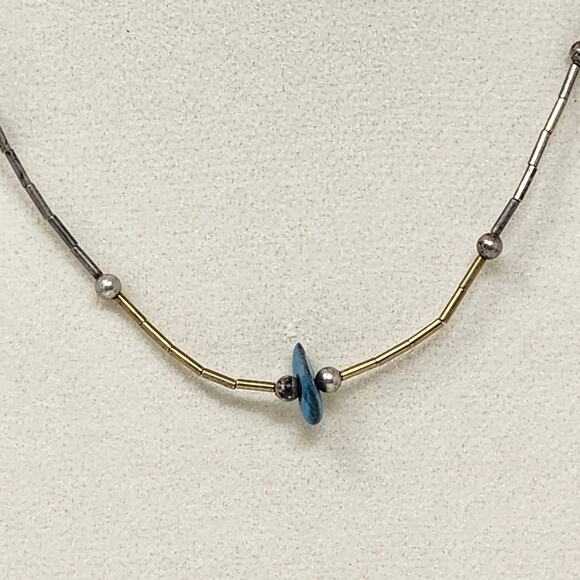 Sterling Silver Gold Two Tone Antique Vintage Genuine Raw Turquoise Necklace - Picture 5 of 7